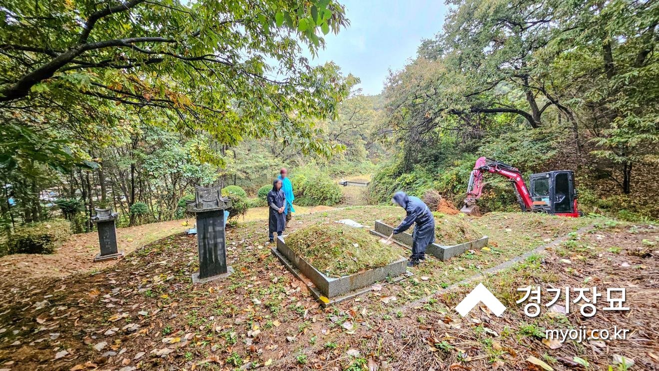 사각 묘테두리석이 있는 조부모님 묘역에서 파묘를 고하는 네이비색 우의의 유족